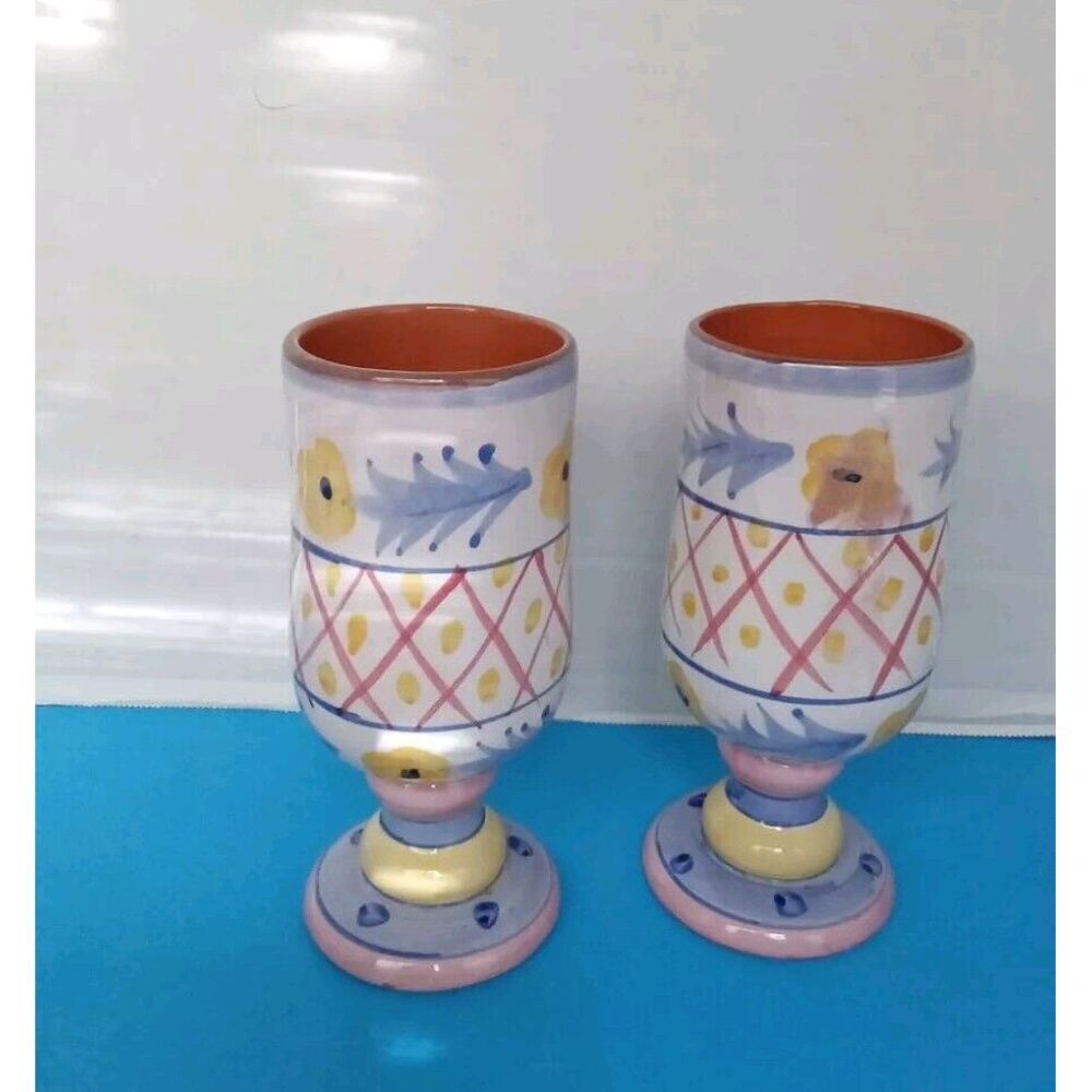 Handpainted Ceramic Wine Goblets Set of 2 - Floral‎ Pattern Terracotta Chalices